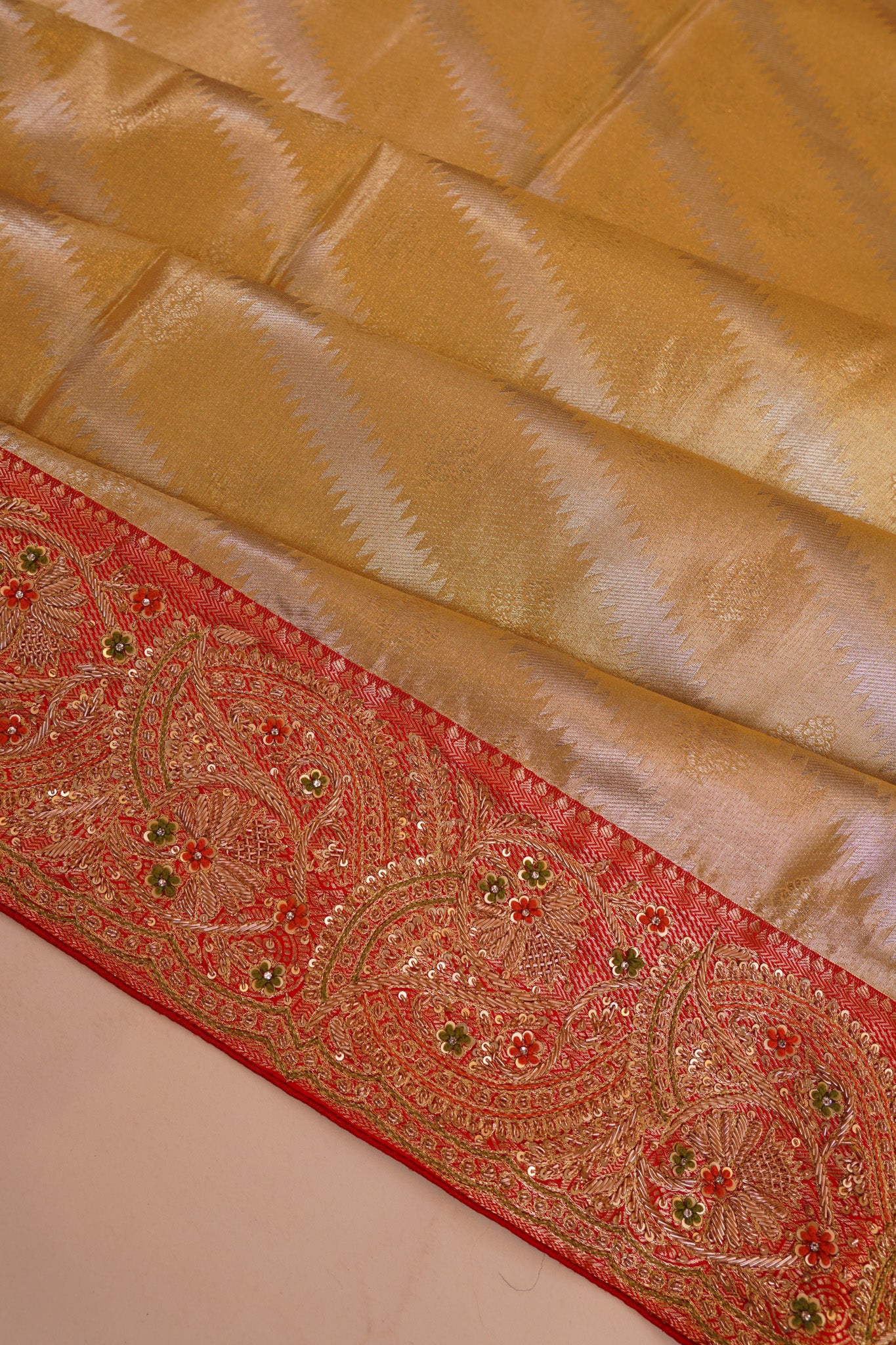 Kanchipuram Silk Tissue Brocade Gold Saree With Zardosi Work