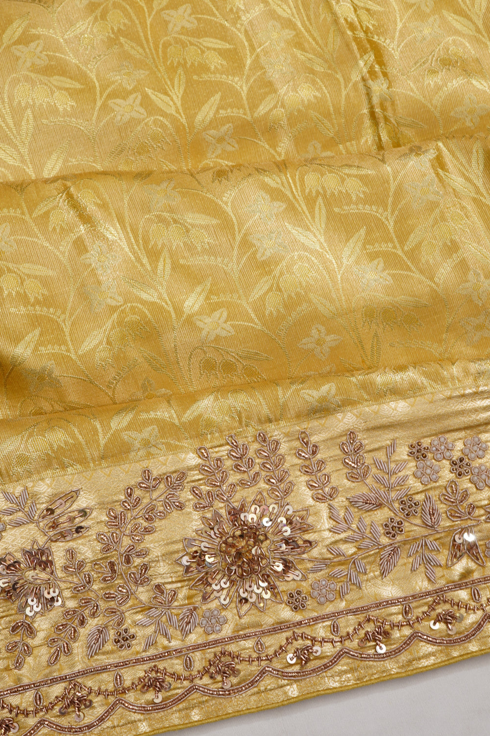 Kanchipuram Silk Tissue Brocade Gold Saree With Zardosi Work