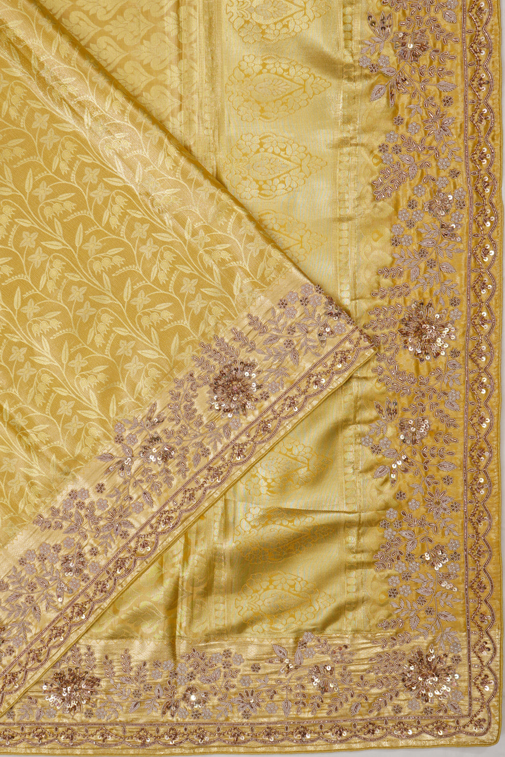 Kanchipuram Silk Tissue Brocade Gold Saree With Zardosi Work