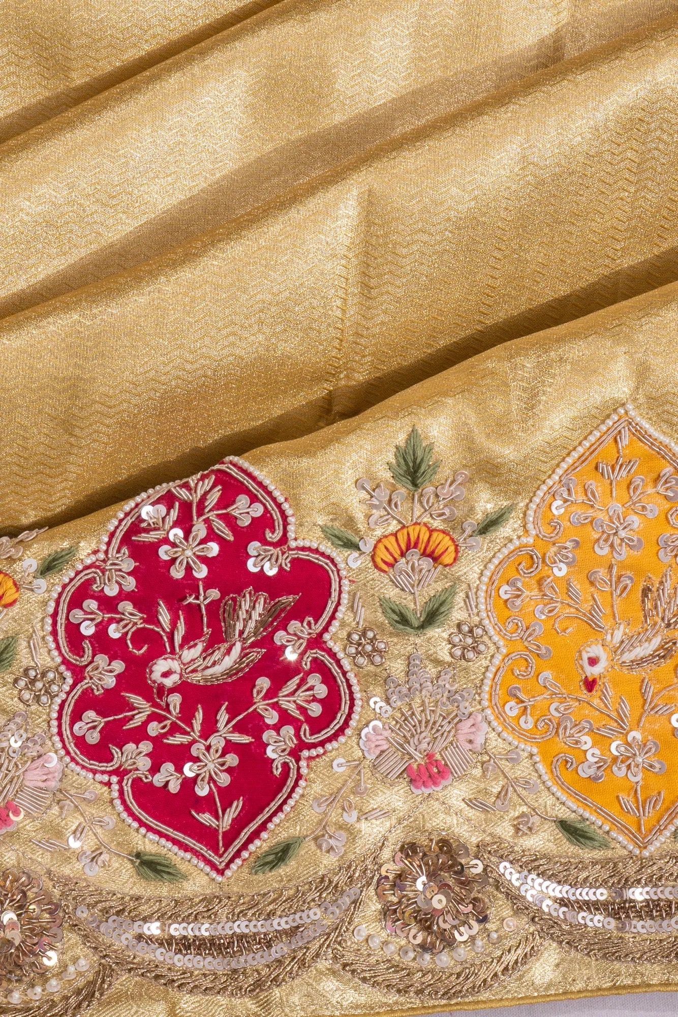 Kanchipuram Silk X Zardosi Work Tissue Zig Zag Lines Gold Saree