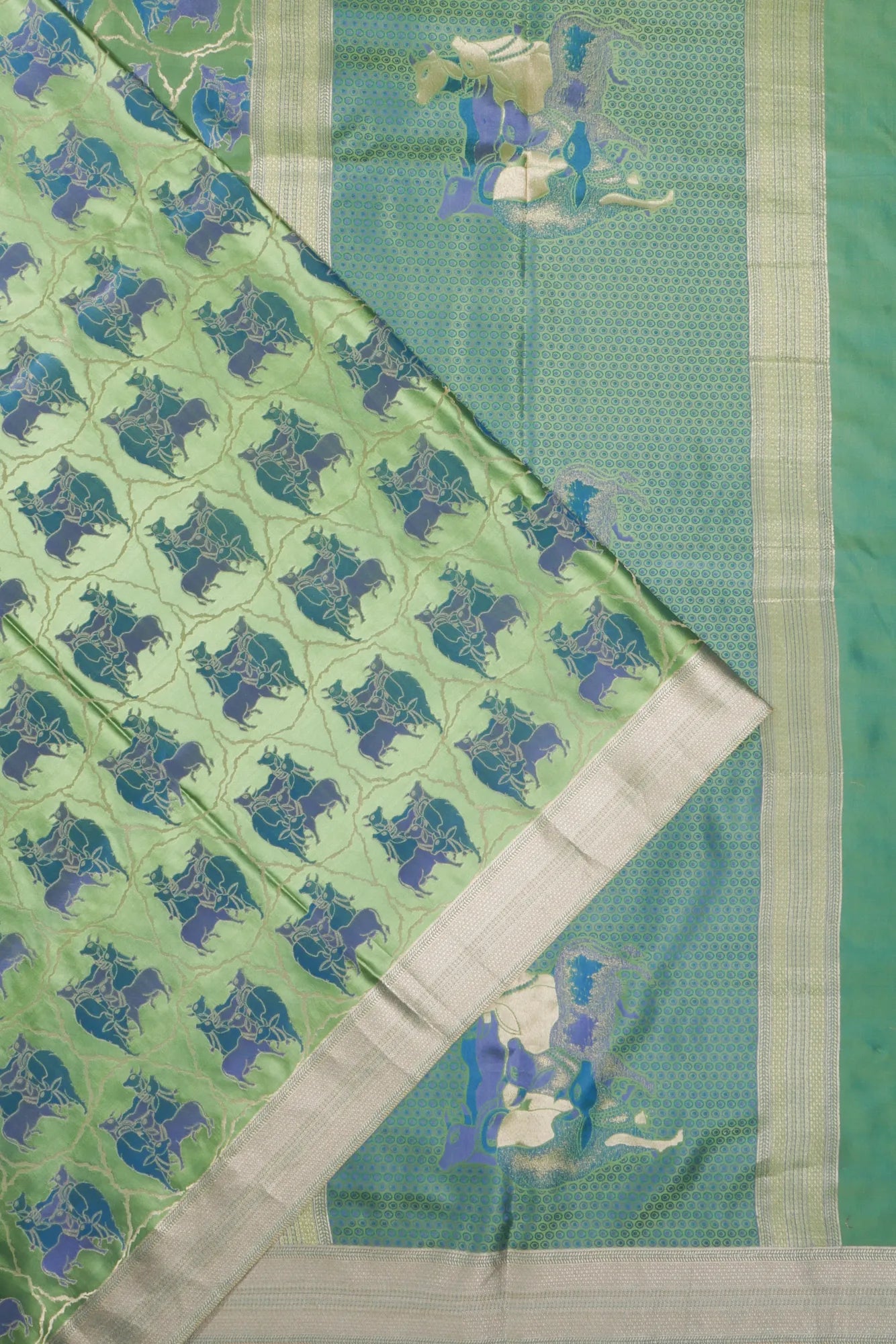 Banarasi Satin Pichwai Brocade Pista Green Saree