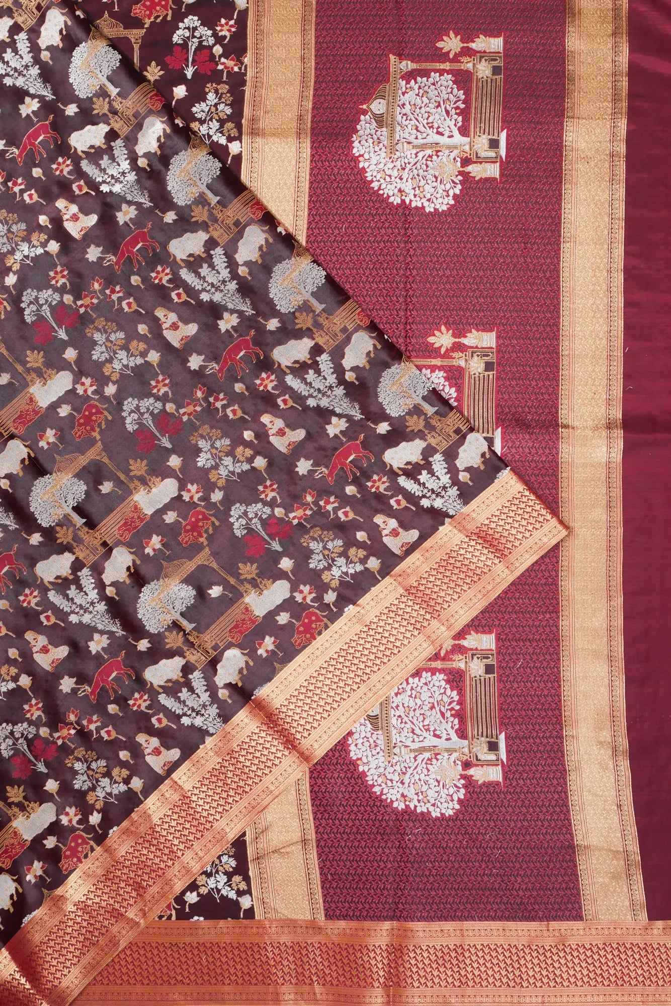 Banarasi Satin Pichwai Brocade Maroon Saree