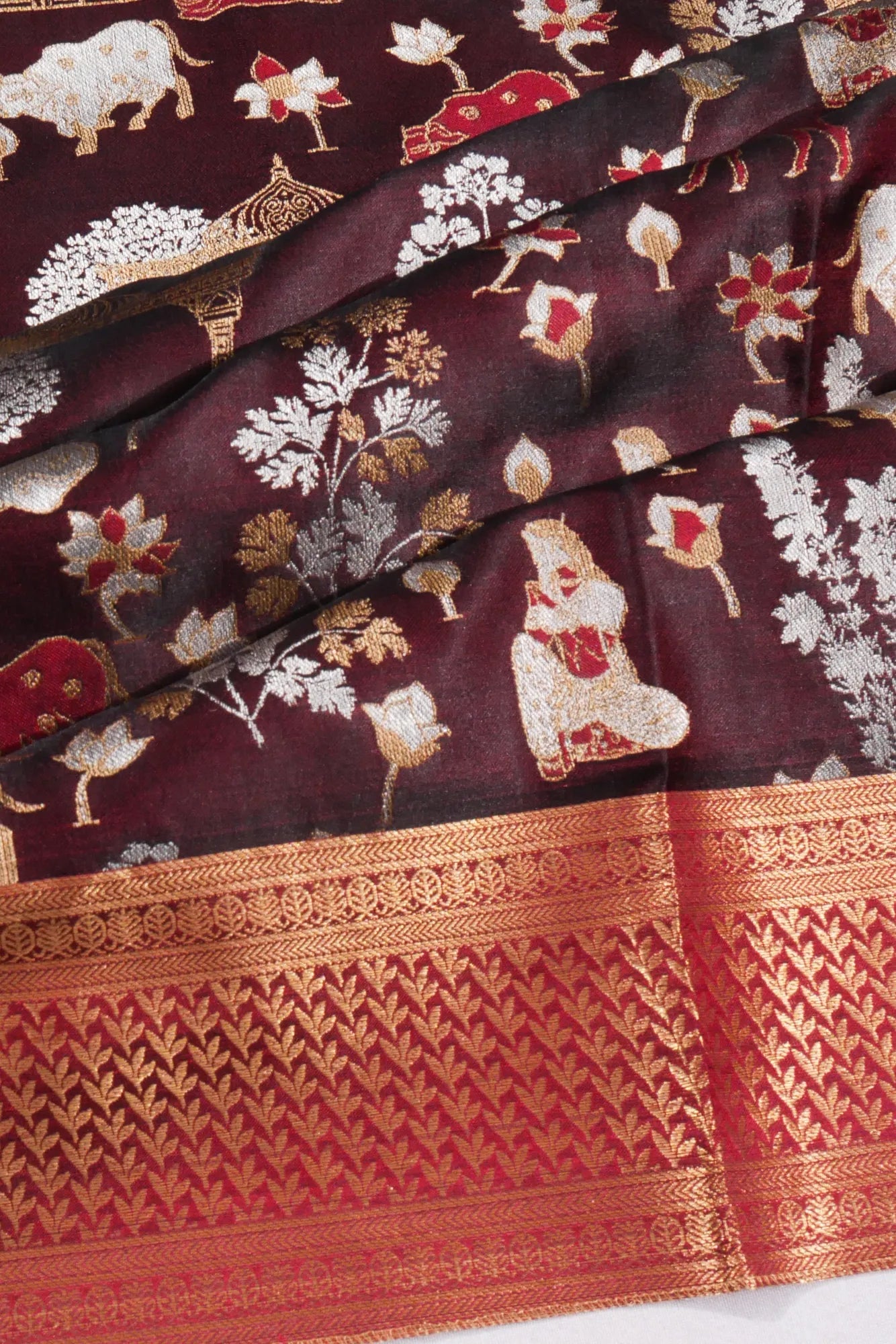 Banarasi Satin Pichwai Brocade Maroon Saree