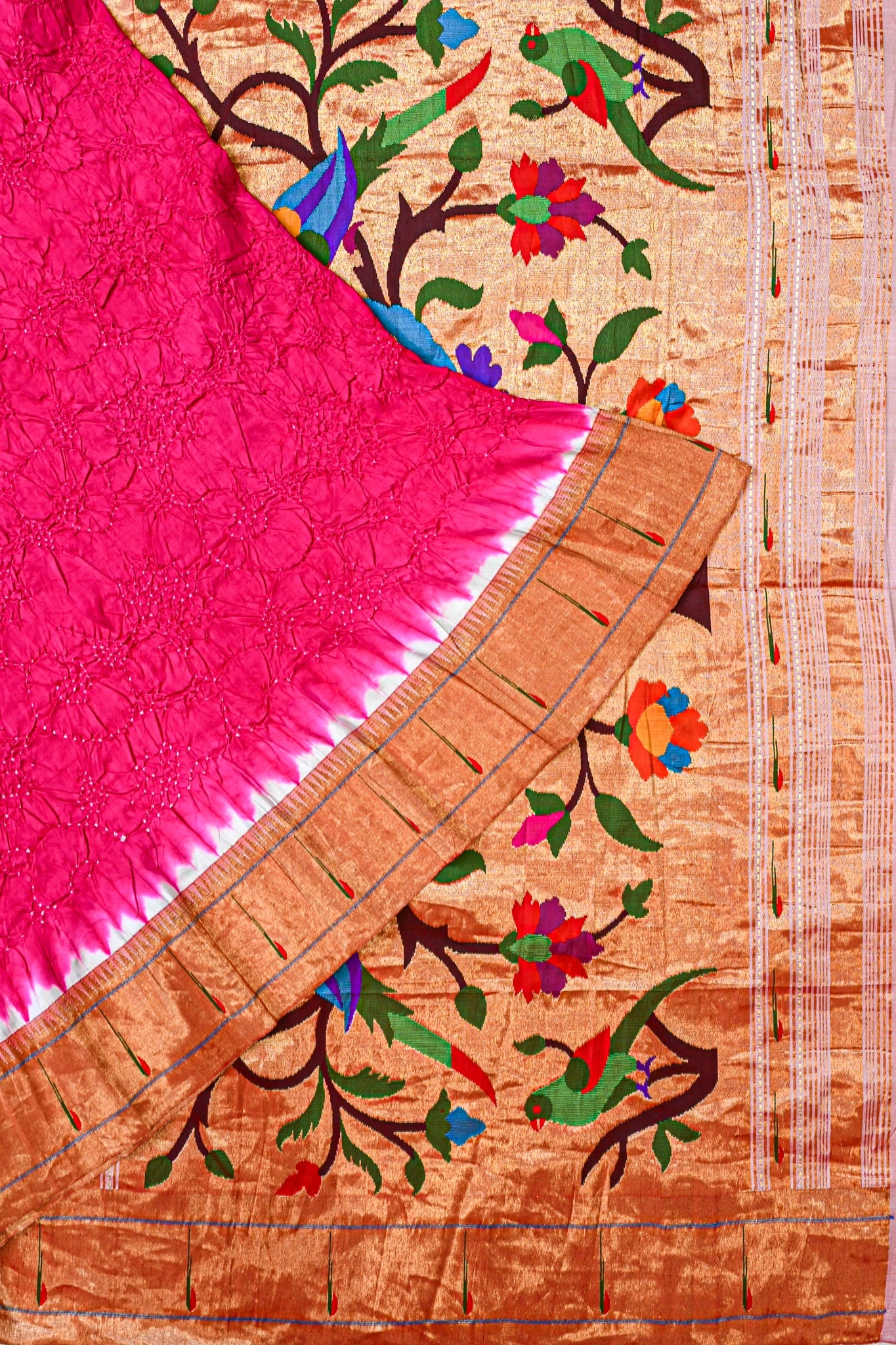 Paithani Silk Bandhani Rani Pink Saree With Single Muniya Border