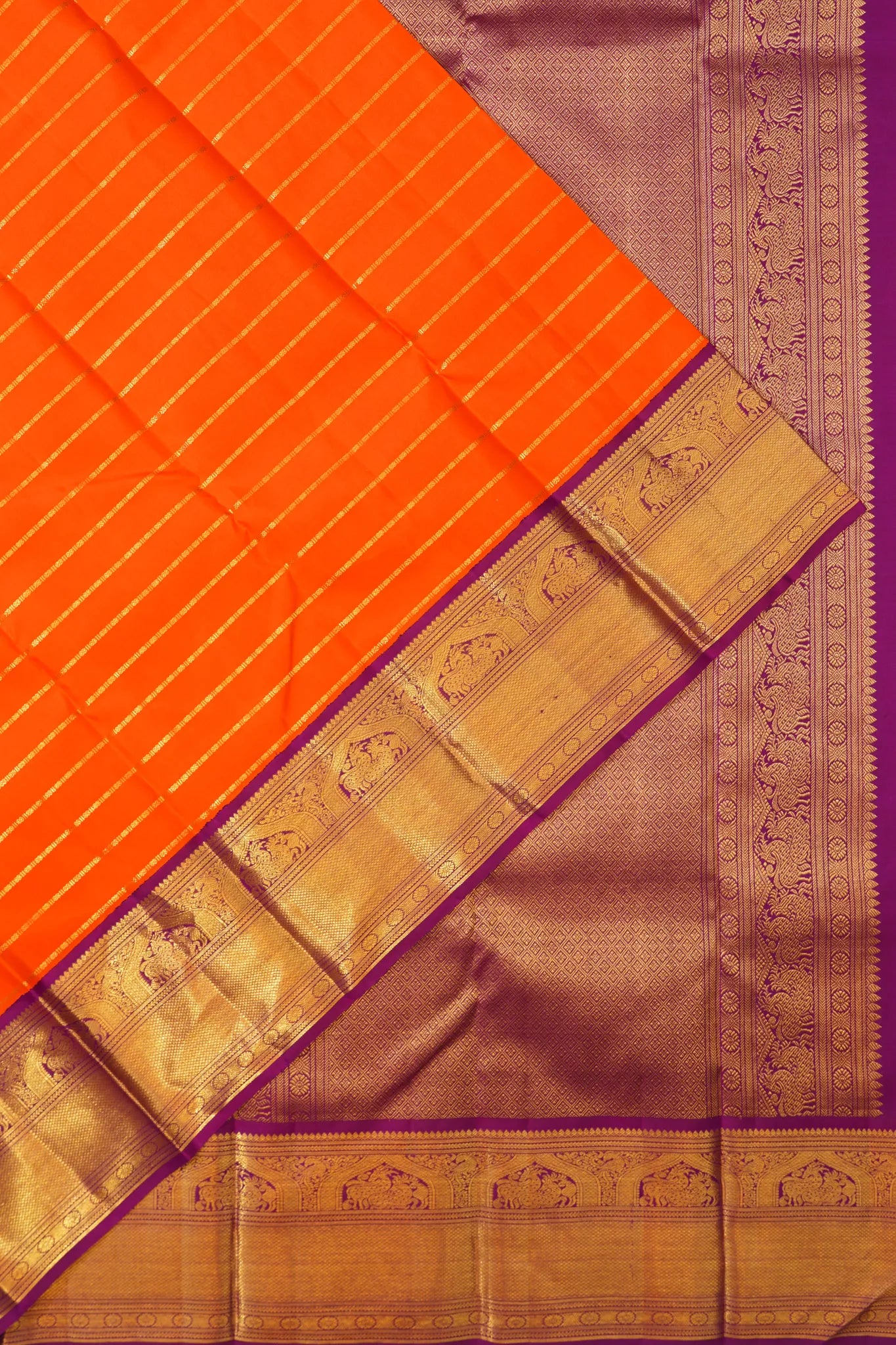 Kanchipuram Silk Horizontal Lines Orange Saree