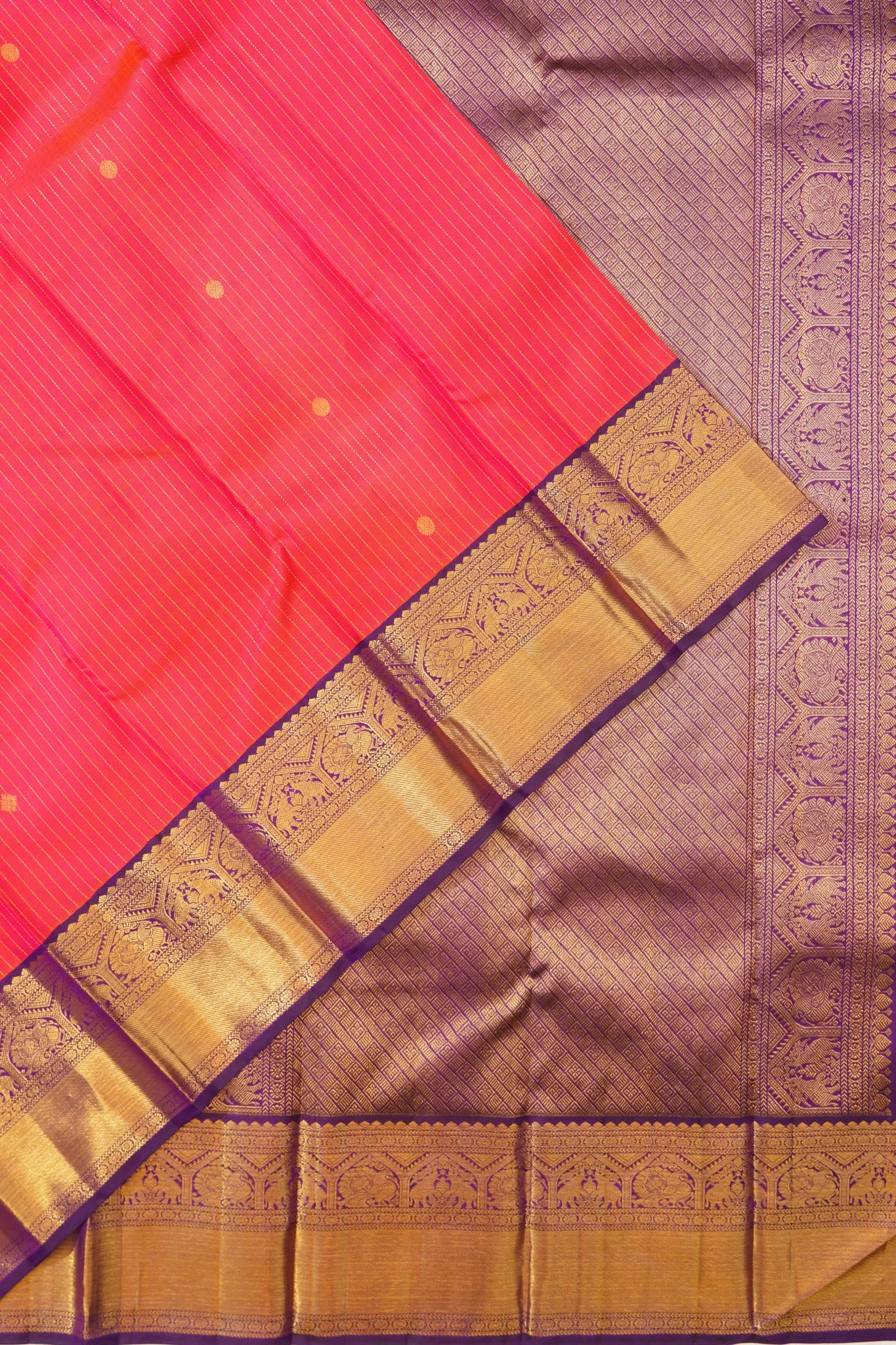 Classic Kanchipuram Silk Vertical Lines And Butta Dual Tone Pink And Orange Saree