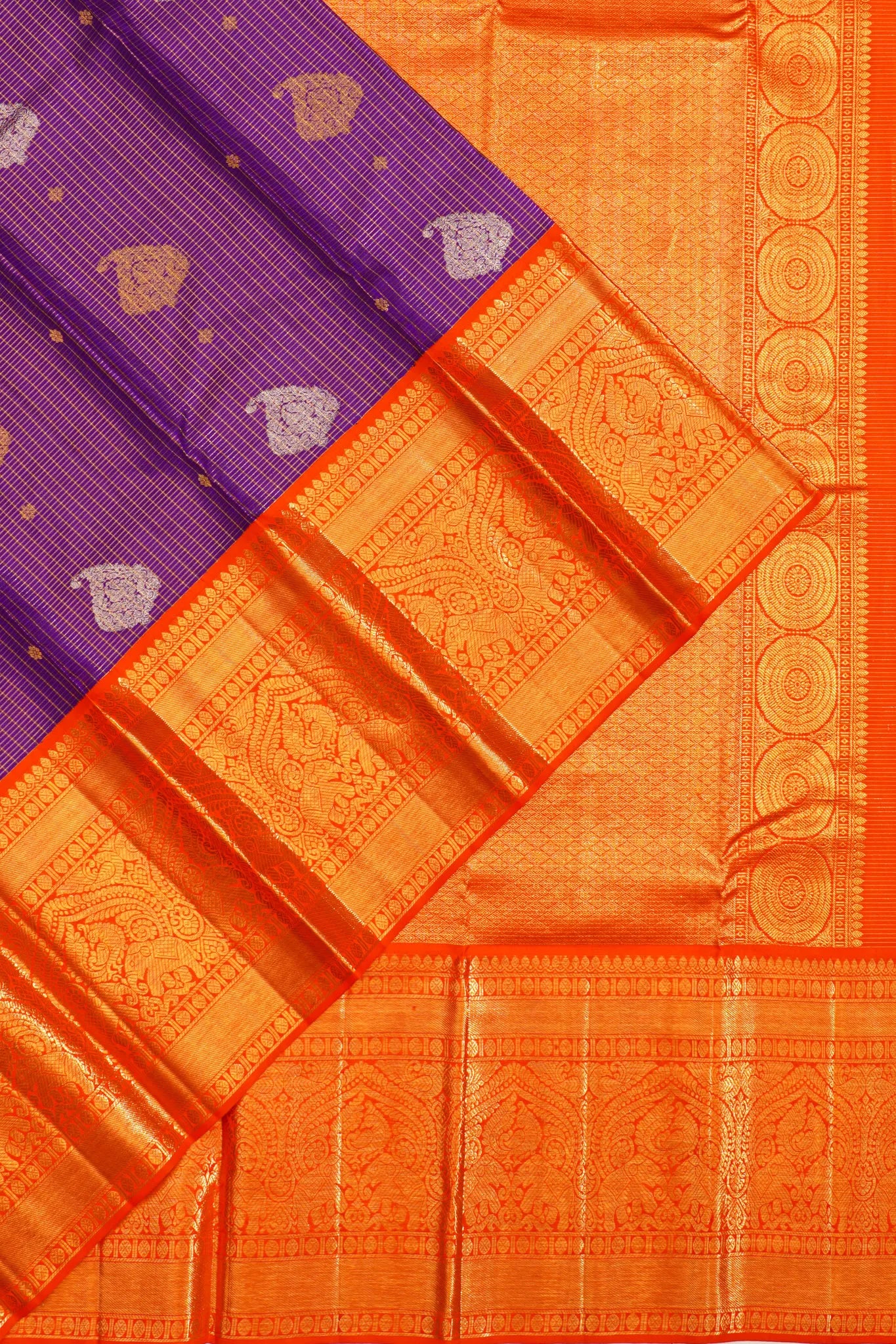 Kanchipuram Silk Checks And Butta Violet Saree