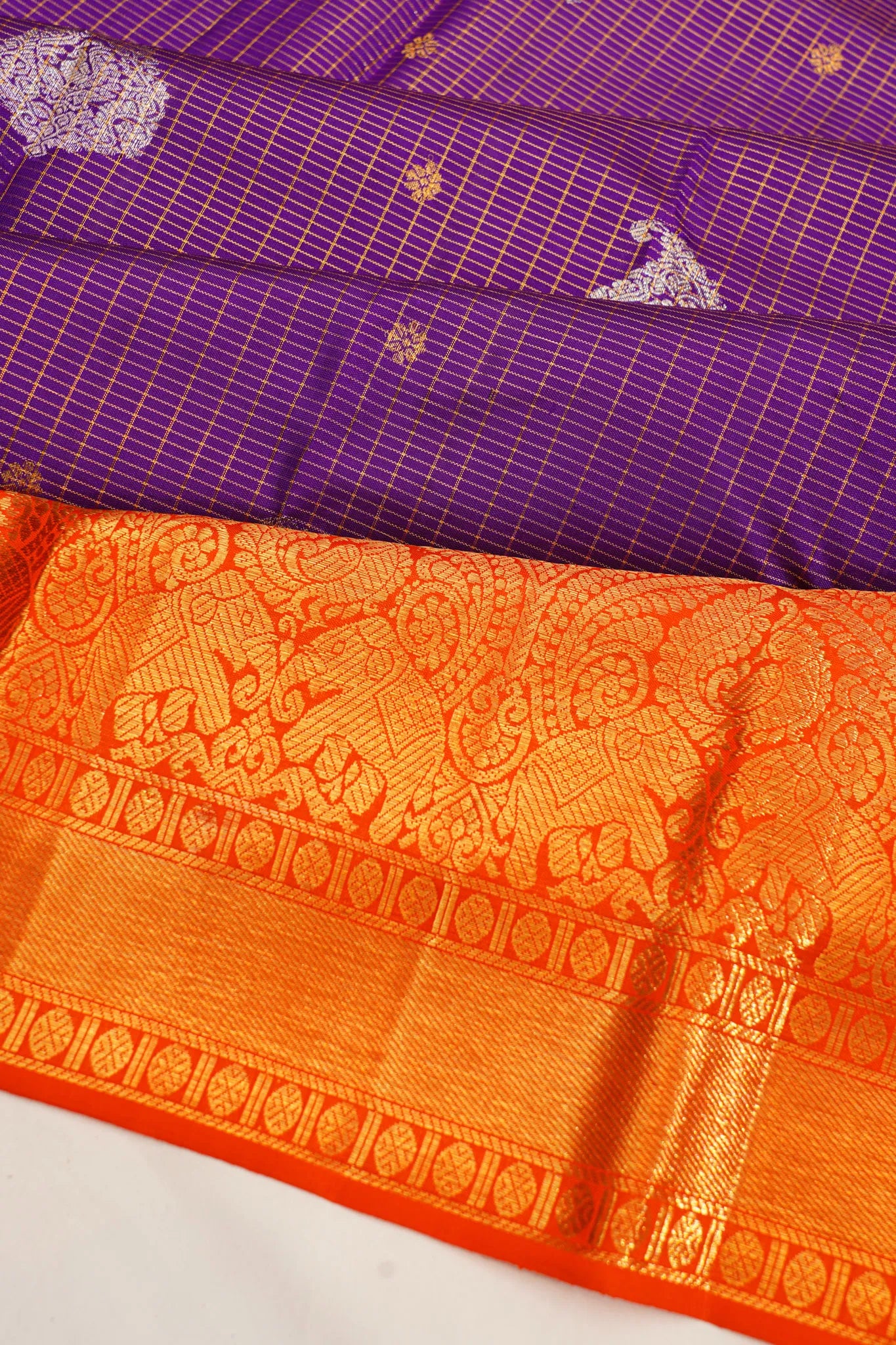 Kanchipuram Silk Checks And Butta Violet Saree
