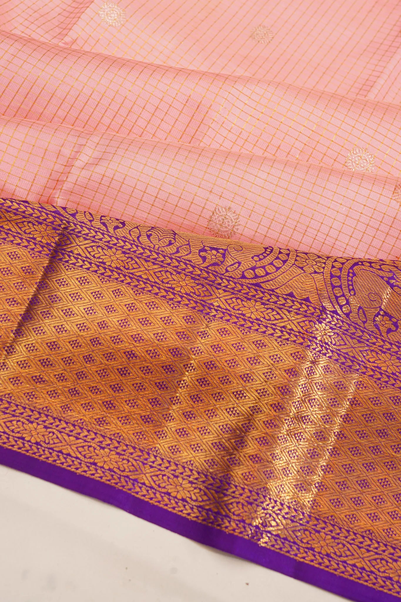 Kanchipuram Silk Checks And Butta Baby Pink Saree