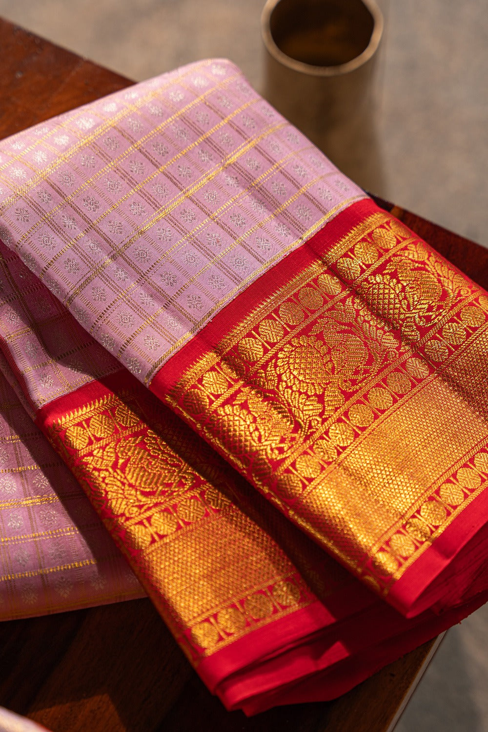 Kanchipuram Silk Checks And Butta Baby Pink Saree
