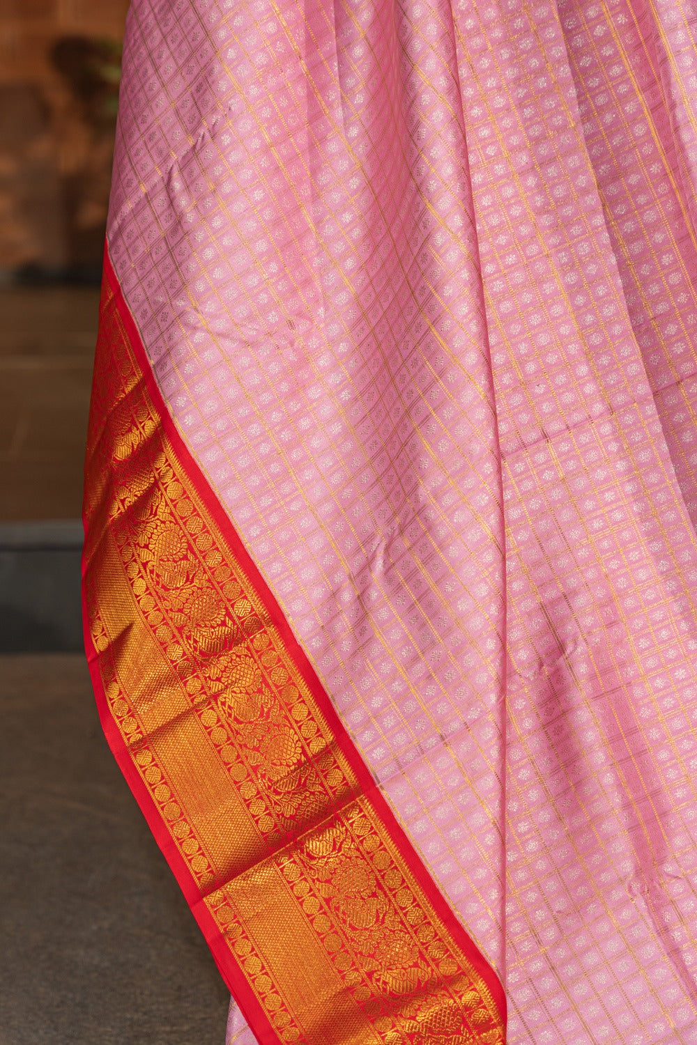 Kanchipuram Silk Checks And Butta Baby Pink Saree