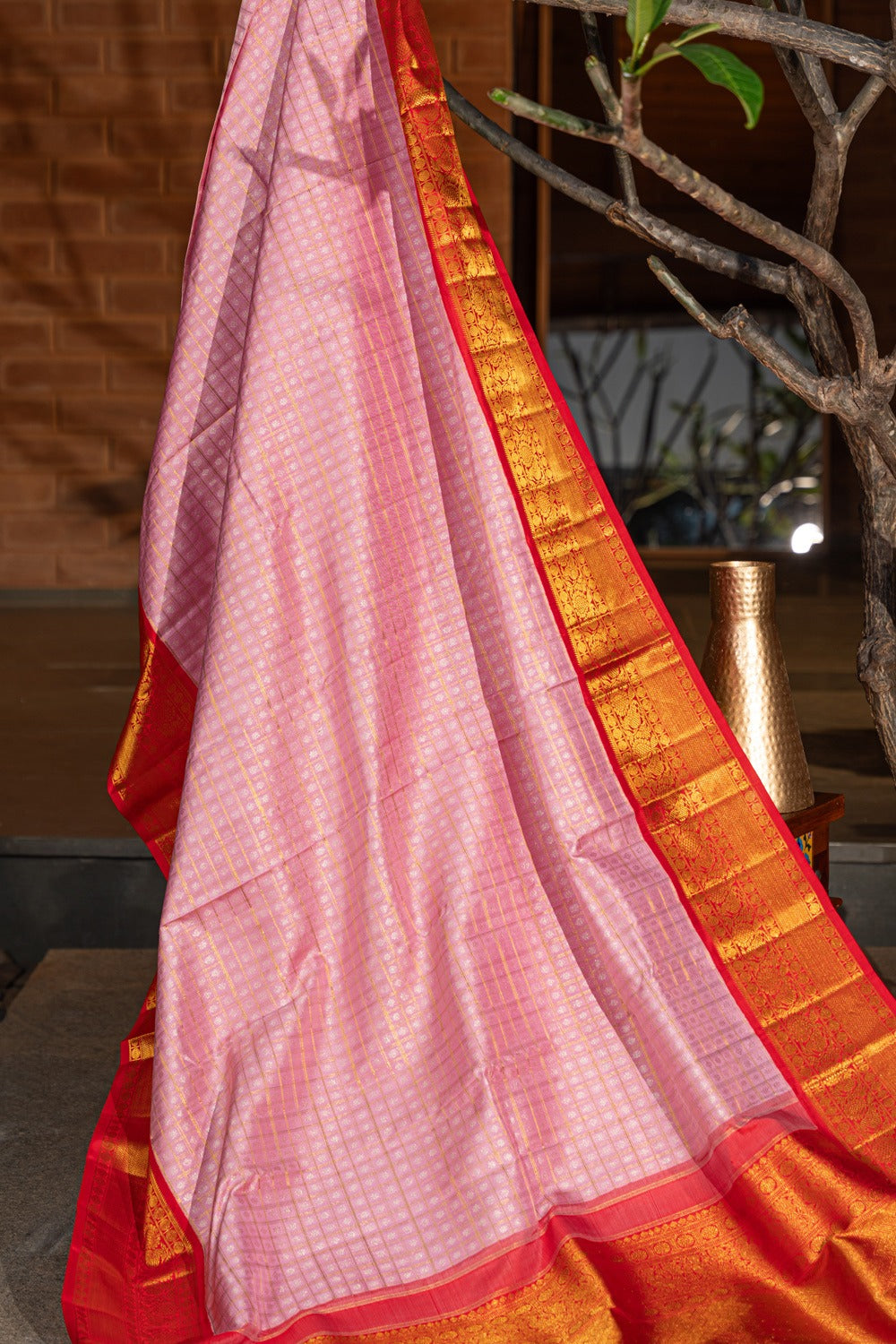 Kanchipuram Silk Checks And Butta Baby Pink Saree