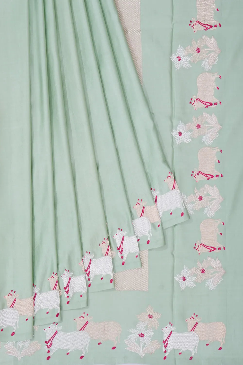 Banarasi Silk Plain Pista Green Saree With Pichwai Border