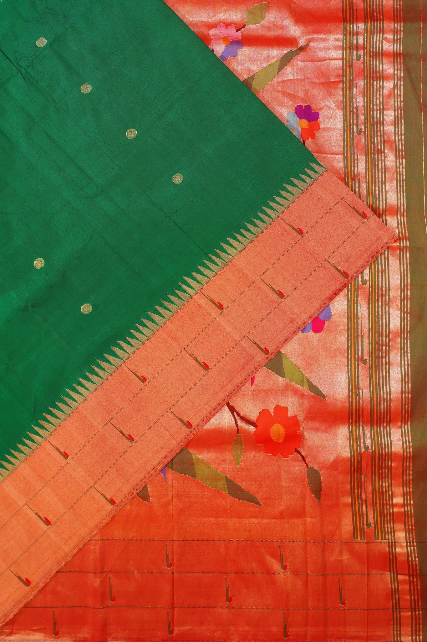 Paithani Silk Butta Dark Green Saree With Triple Muniya Border