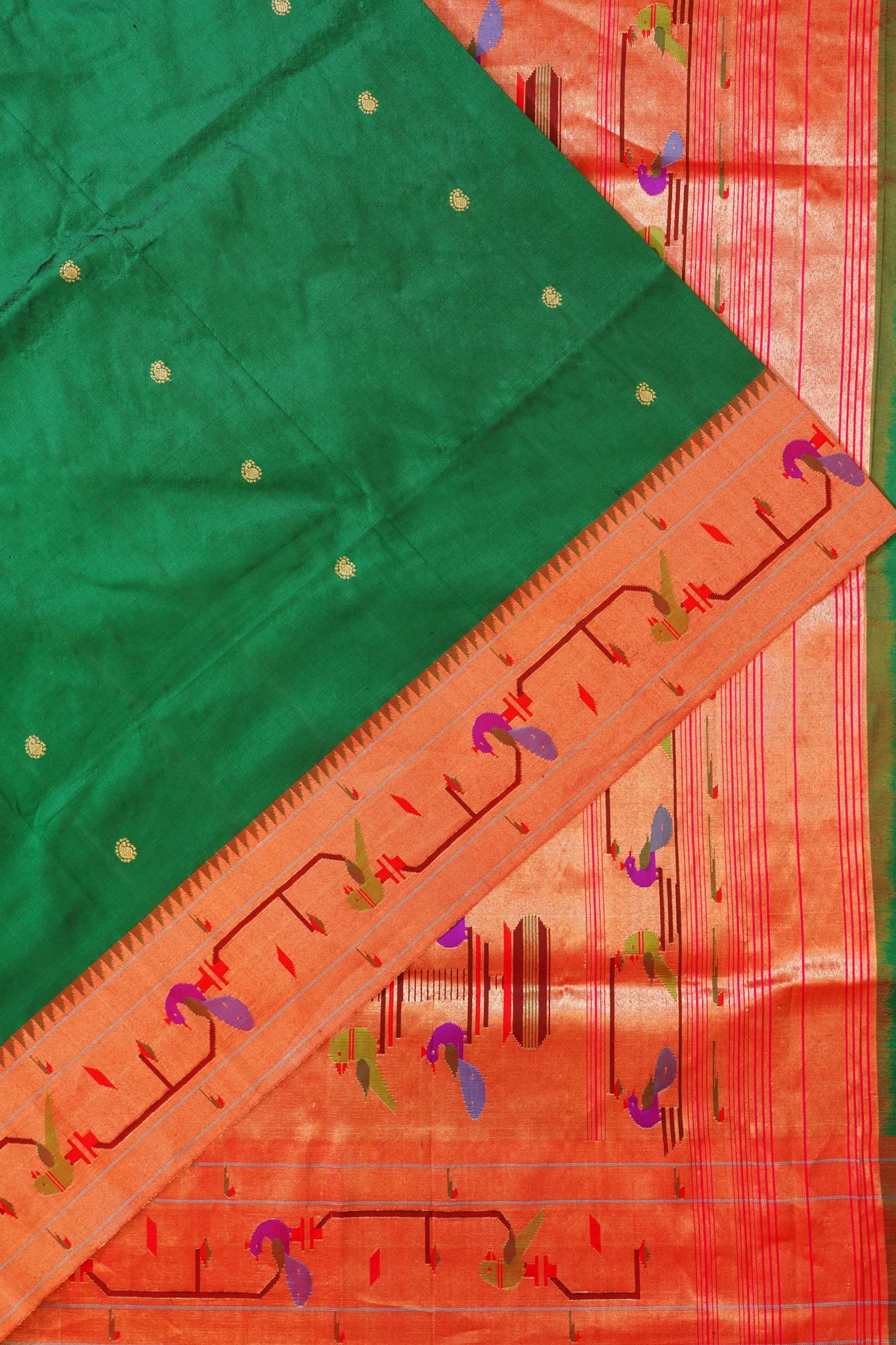 Paithani Silk Butta Dark Green Saree With Akruthi Border