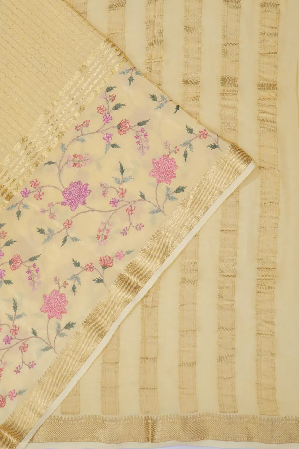 Chiffon Georgette Checks Pastel Yellow Saree With Embroidery Border