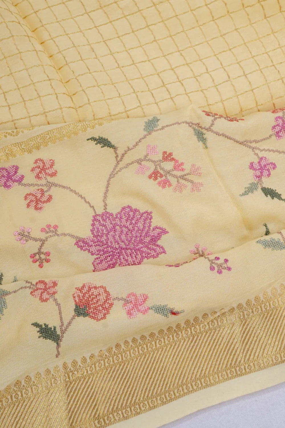 Chiffon Georgette Checks Pastel Yellow Saree With Embroidery Border