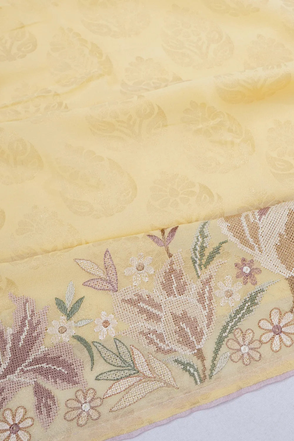 Georgette Butta Pastel Yellow Saree With Embroidery Border