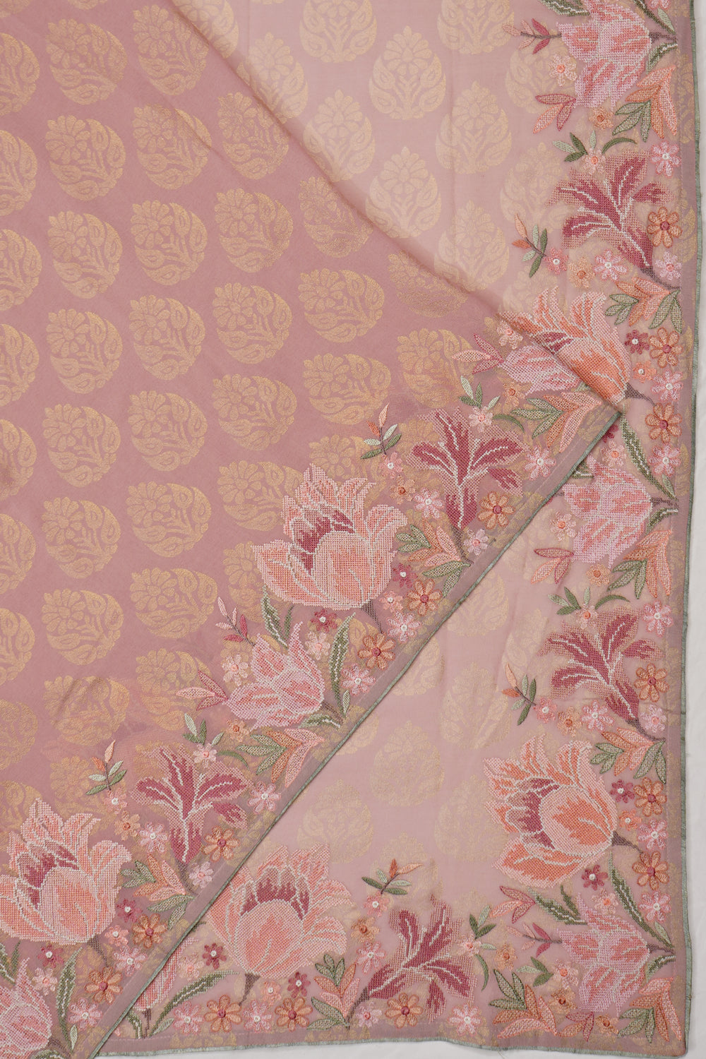 Banarasi Georgette Brocade Peach Saree With Embroidery Border