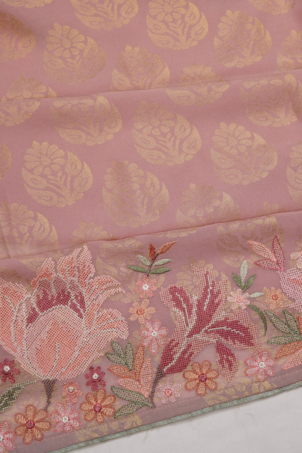 Banarasi Georgette Brocade Peach Saree With Embroidery Border