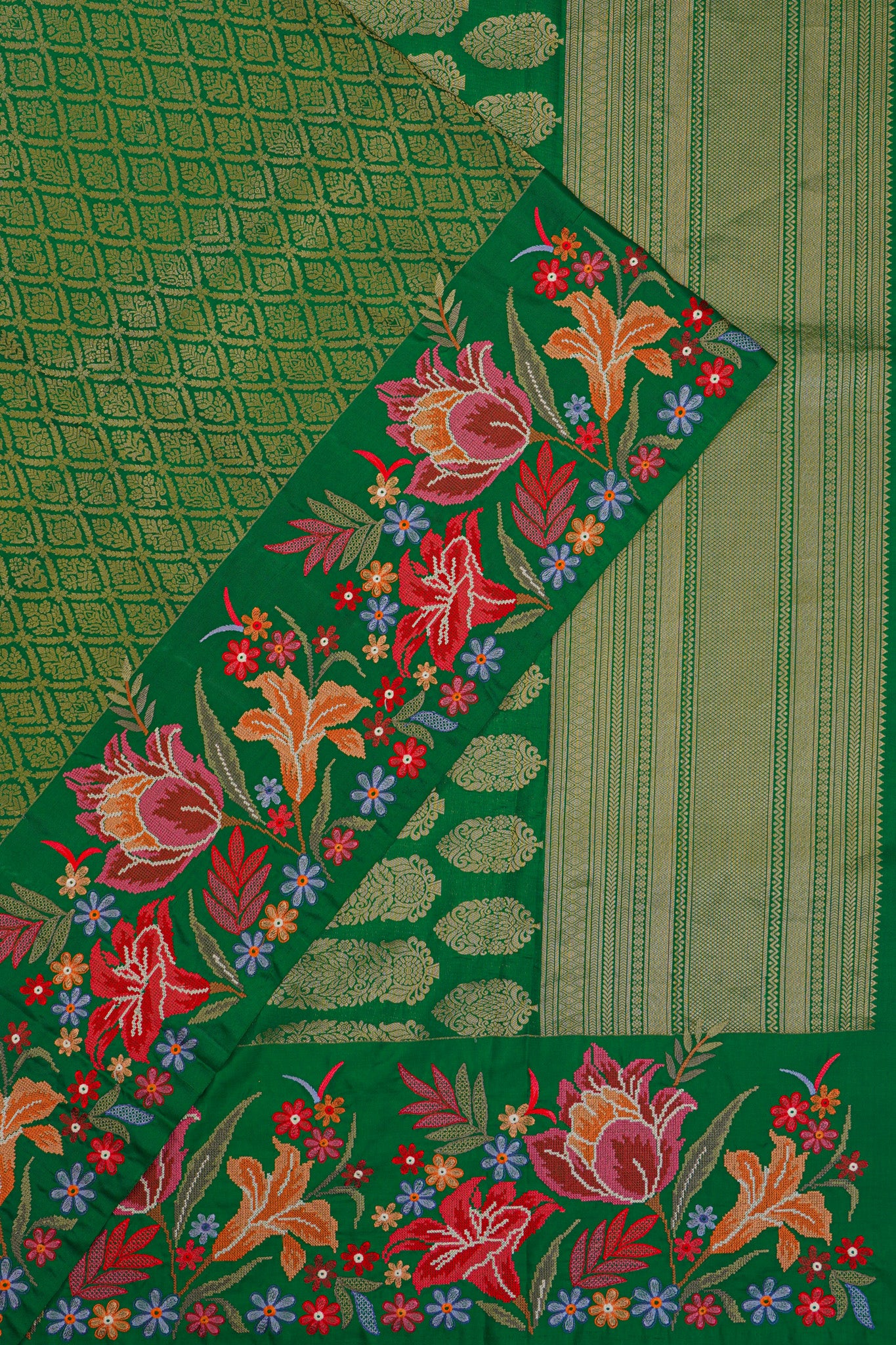 Banarasi Silk Brocade Green Saree With Embroidery Border