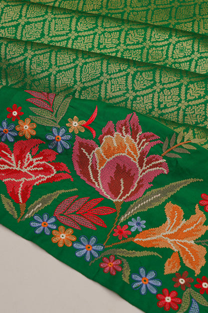 Banarasi Silk Brocade Green Saree With Embroidery Border