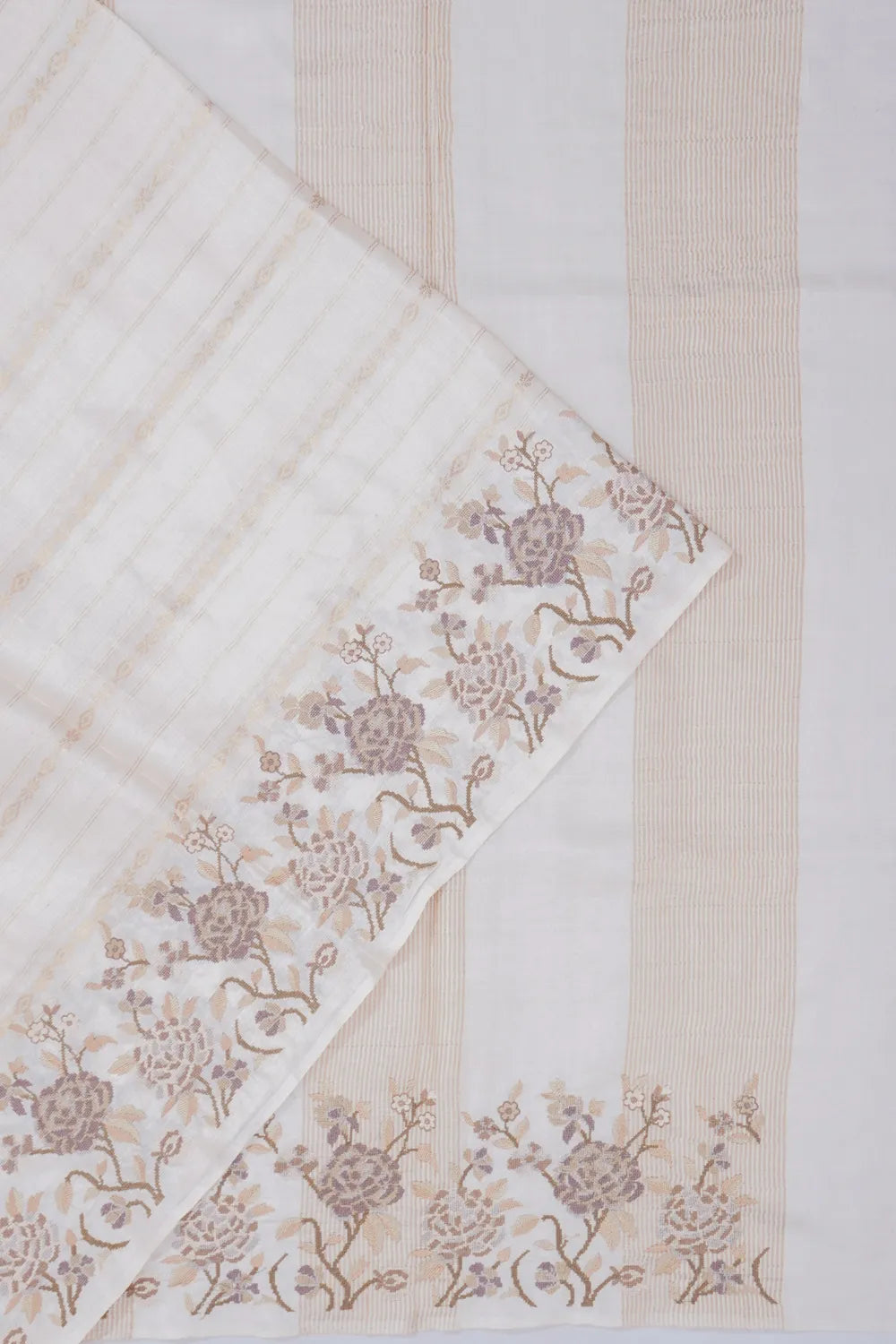 Tussar Horizontal Lines White Saree With Embroidery Border