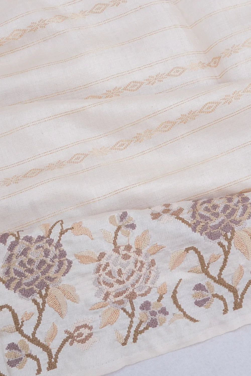 Tussar Horizontal Lines White Saree With Embroidery Border