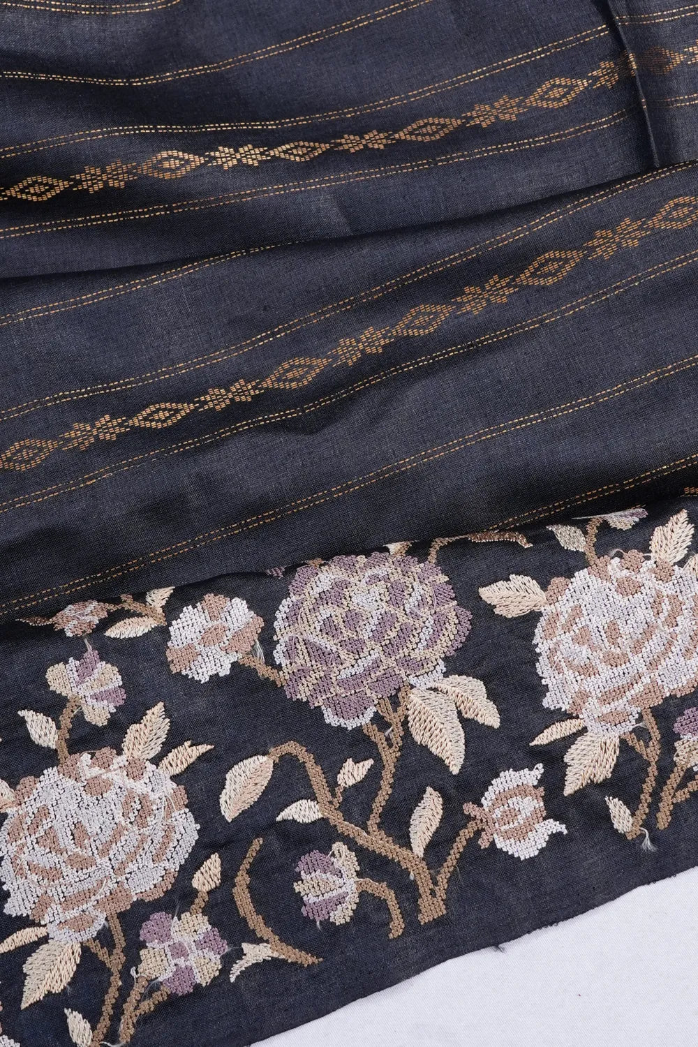 Tussar Horizontal Lines Elephant Grey Saree With Embroidery Border