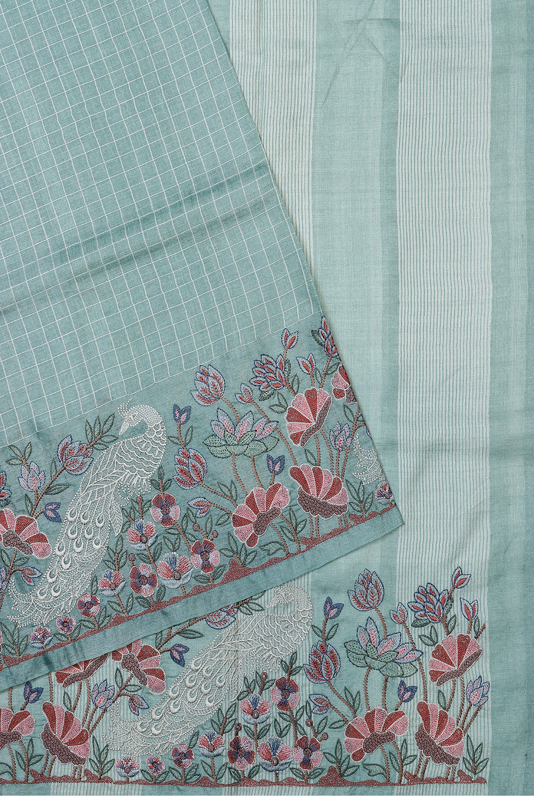 Tussar Checks Sky Blue Saree With Embroidery Border