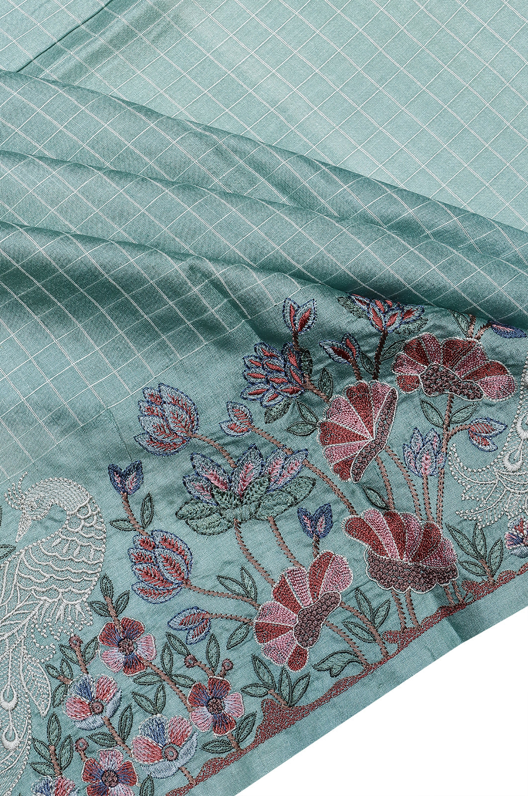 Tussar Checks Sky Blue Saree With Embroidery Border