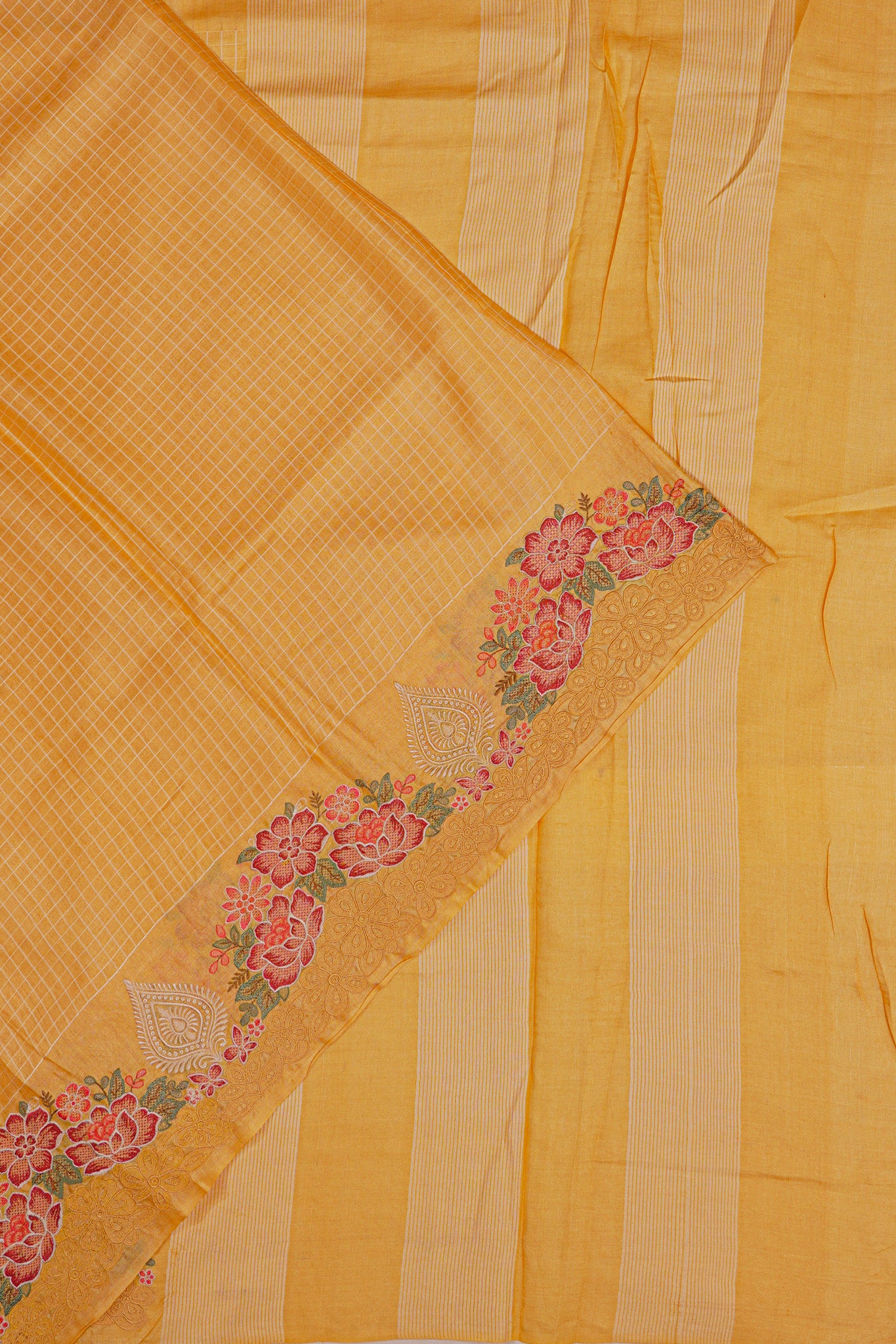 Tussar Checks Yellow Saree With Embroidery Border