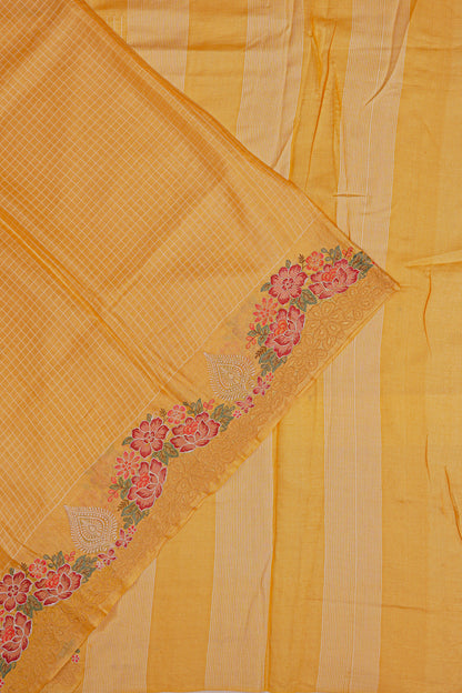 Tussar Checks Yellow Saree With Embroidery Border