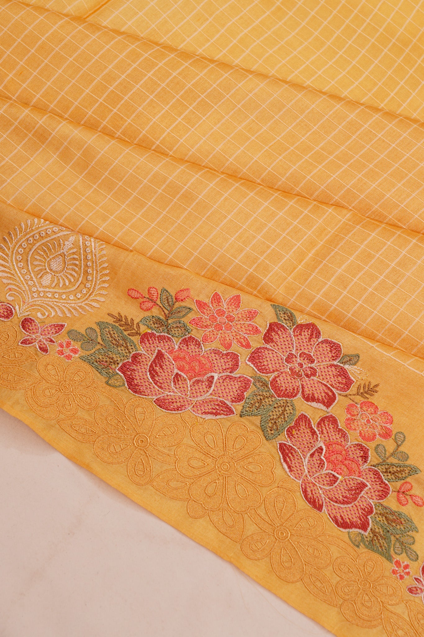 Tussar Checks Yellow Saree With Embroidery Border