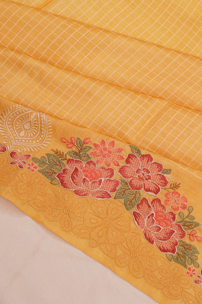 Tussar Checks Yellow Saree With Embroidery Border