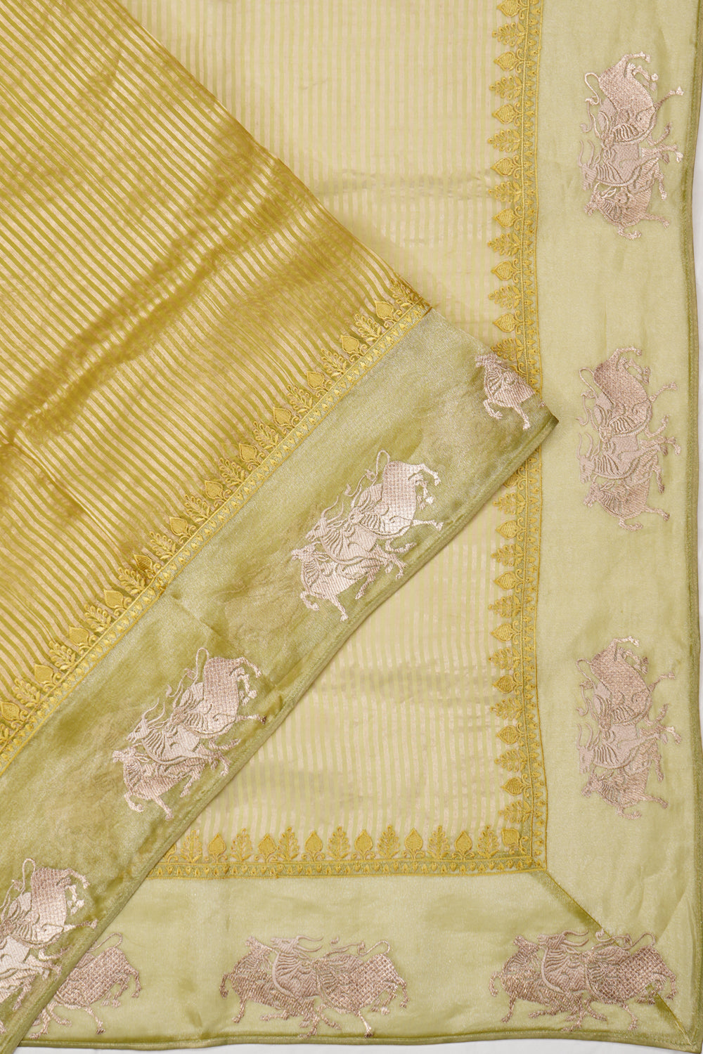 Organza Tissue Vertical Lines Green Saree With Embroidery Border