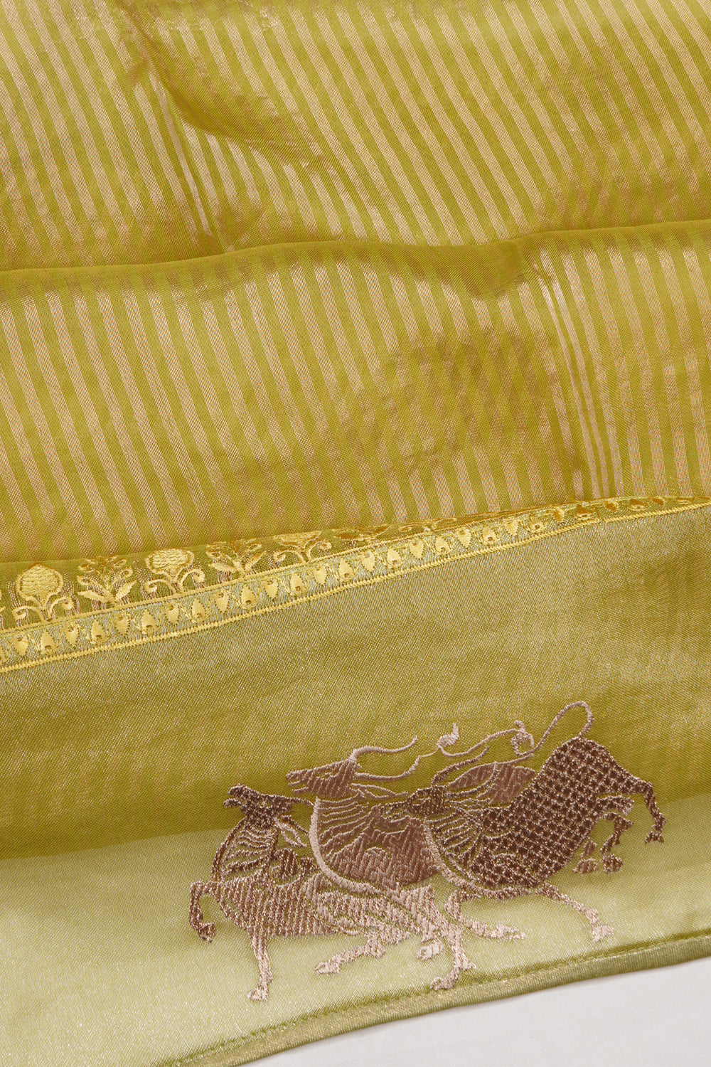 Organza Tissue Vertical Lines Green Saree With Embroidery Border