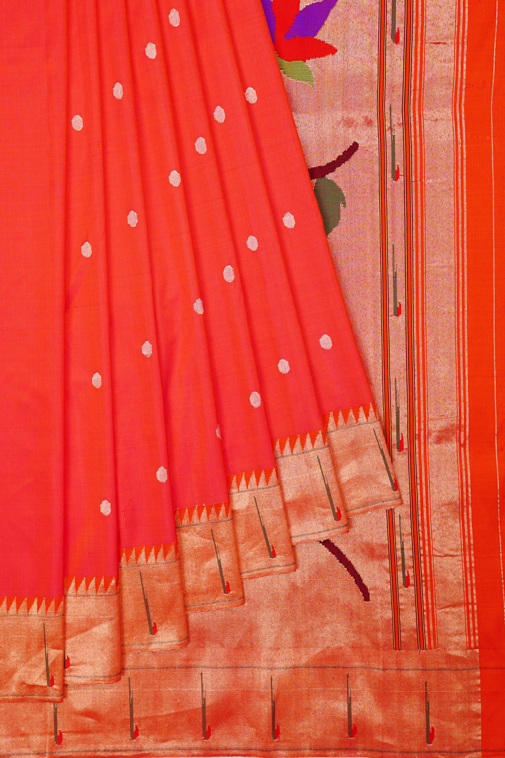 Paithani Silk Butta Orange Saree With Single Muniya Border