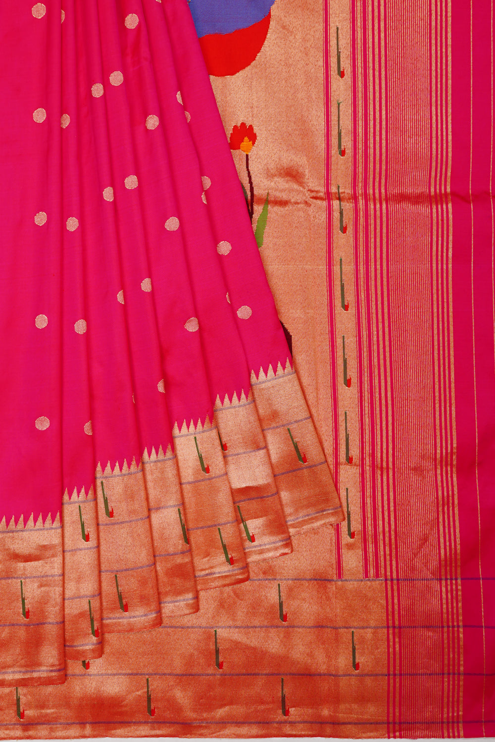 Paithani Silk Butta Pink Saree With Triple Muniya Border