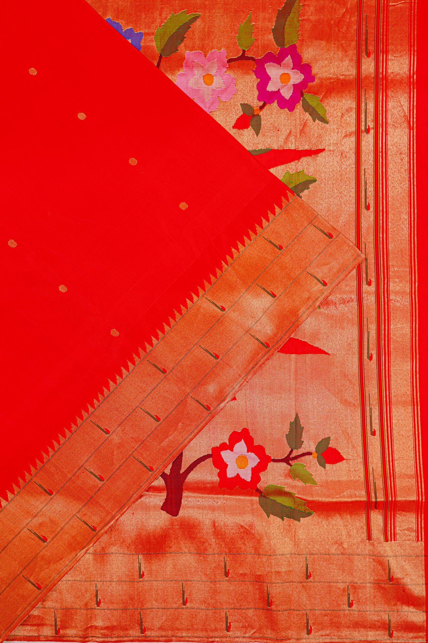 Paithani Silk Butta Red Saree With Triple Muniya Border