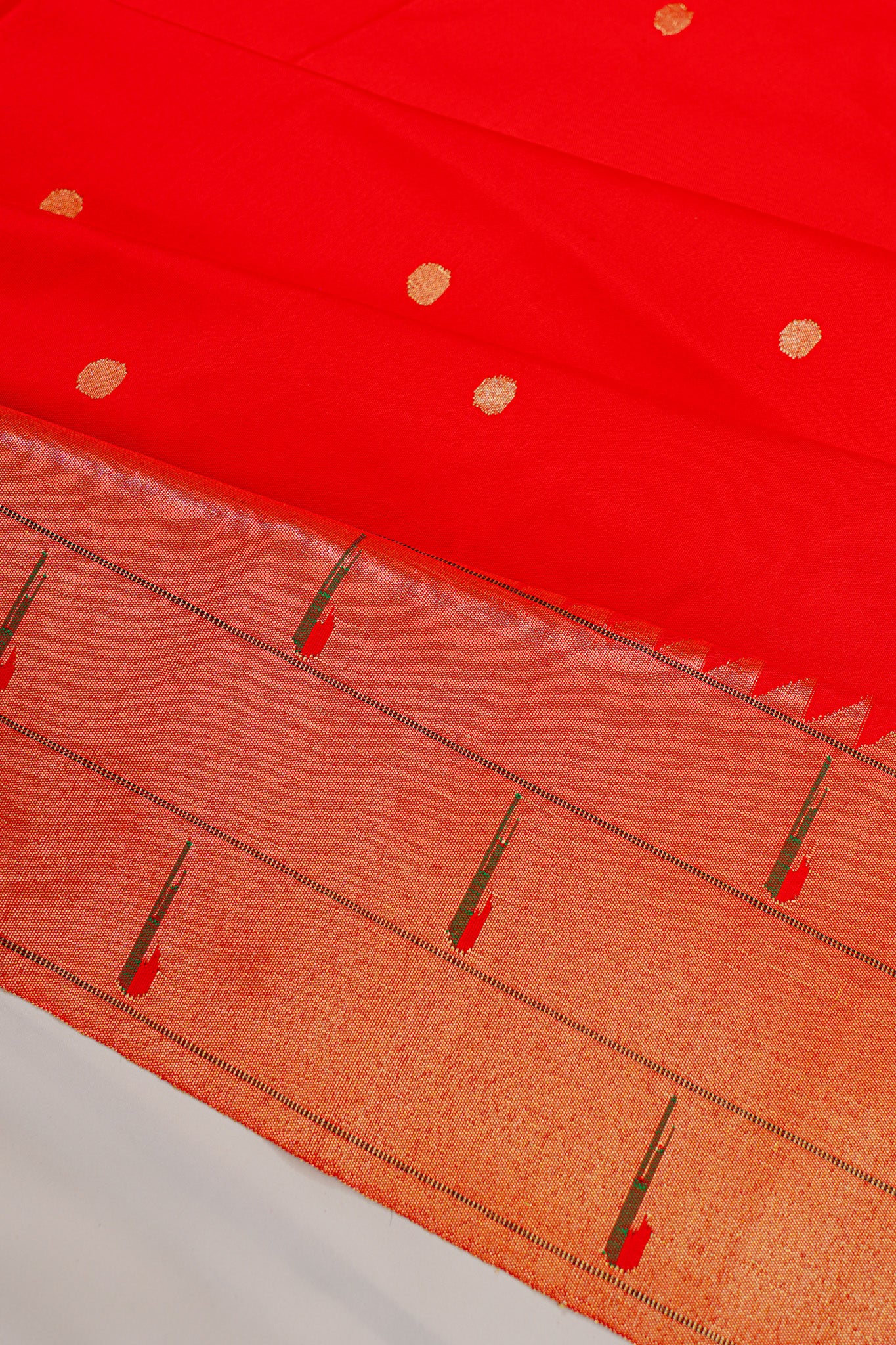 Paithani Silk Butta Red Saree With Triple Muniya Border