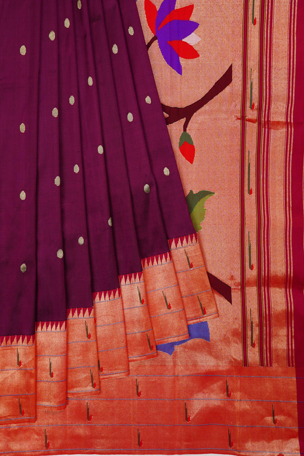 Paithani Silk Butta Burgundy Saree With Triple Muniya Border