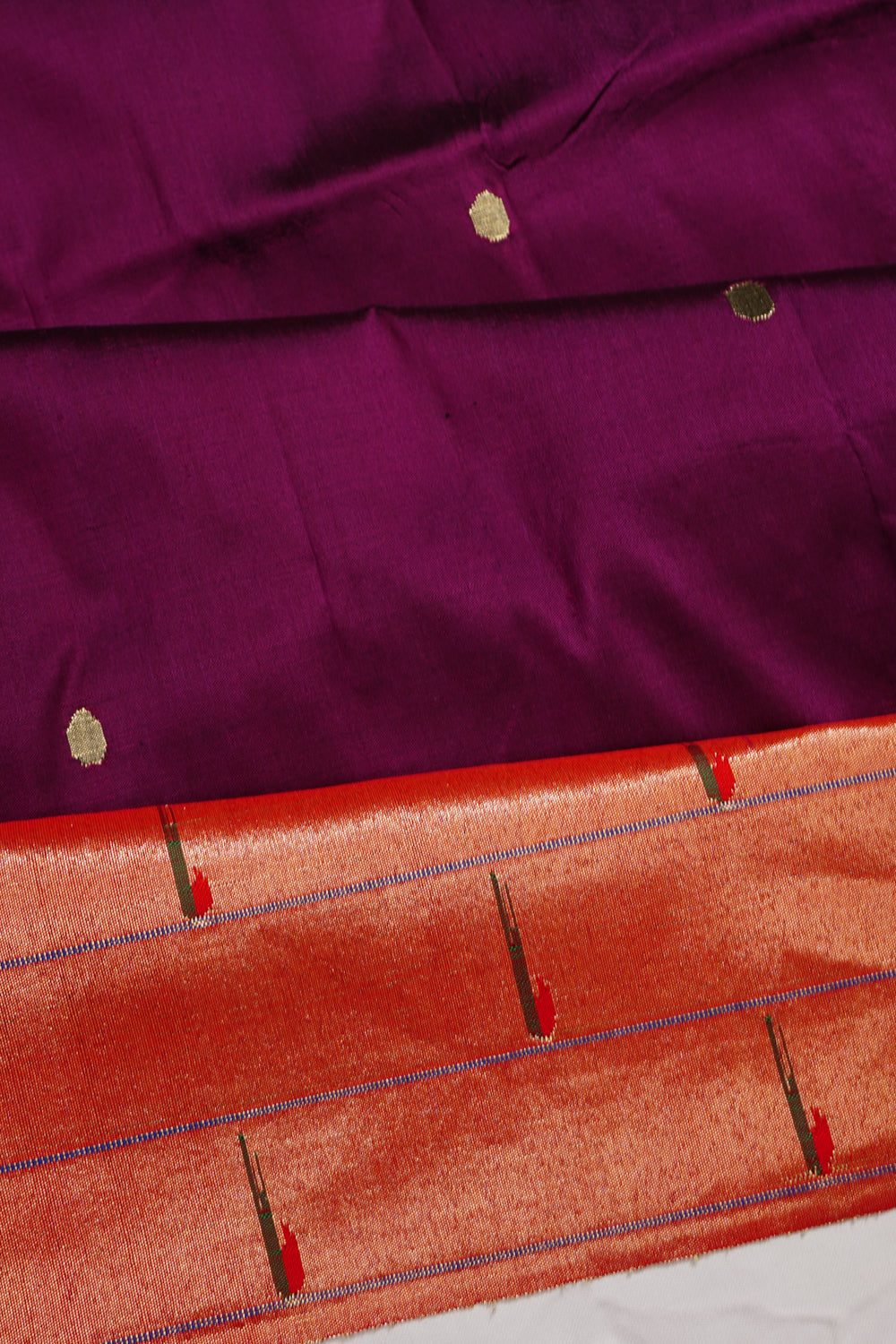 Paithani Silk Butta Burgundy Saree With Triple Muniya Border