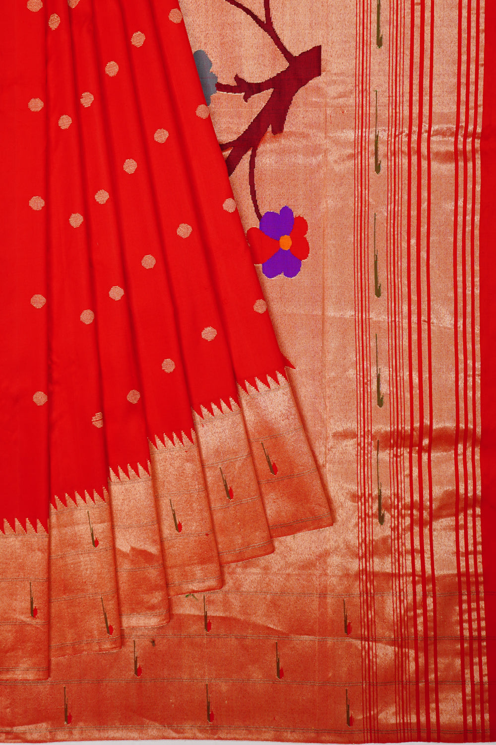 Paithani Silk Butta Red Saree With Triple Muniya Border