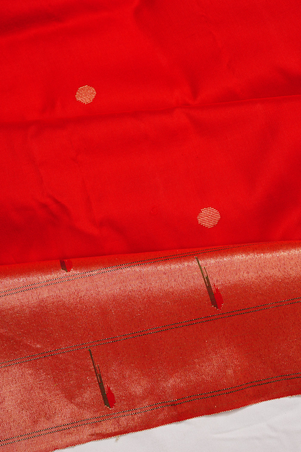 Paithani Silk Butta Red Saree With Triple Muniya Border