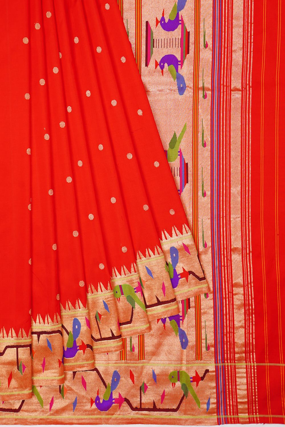 Paithani Silk Butta Red Saree With Akruthi Border