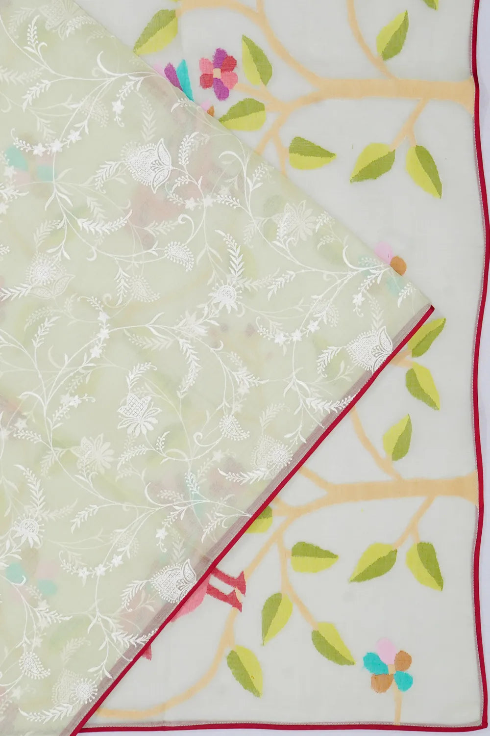 Dhakai Handspun Cotton Embroidery Jaal Pastel Green Saree With Jamdani Pallu