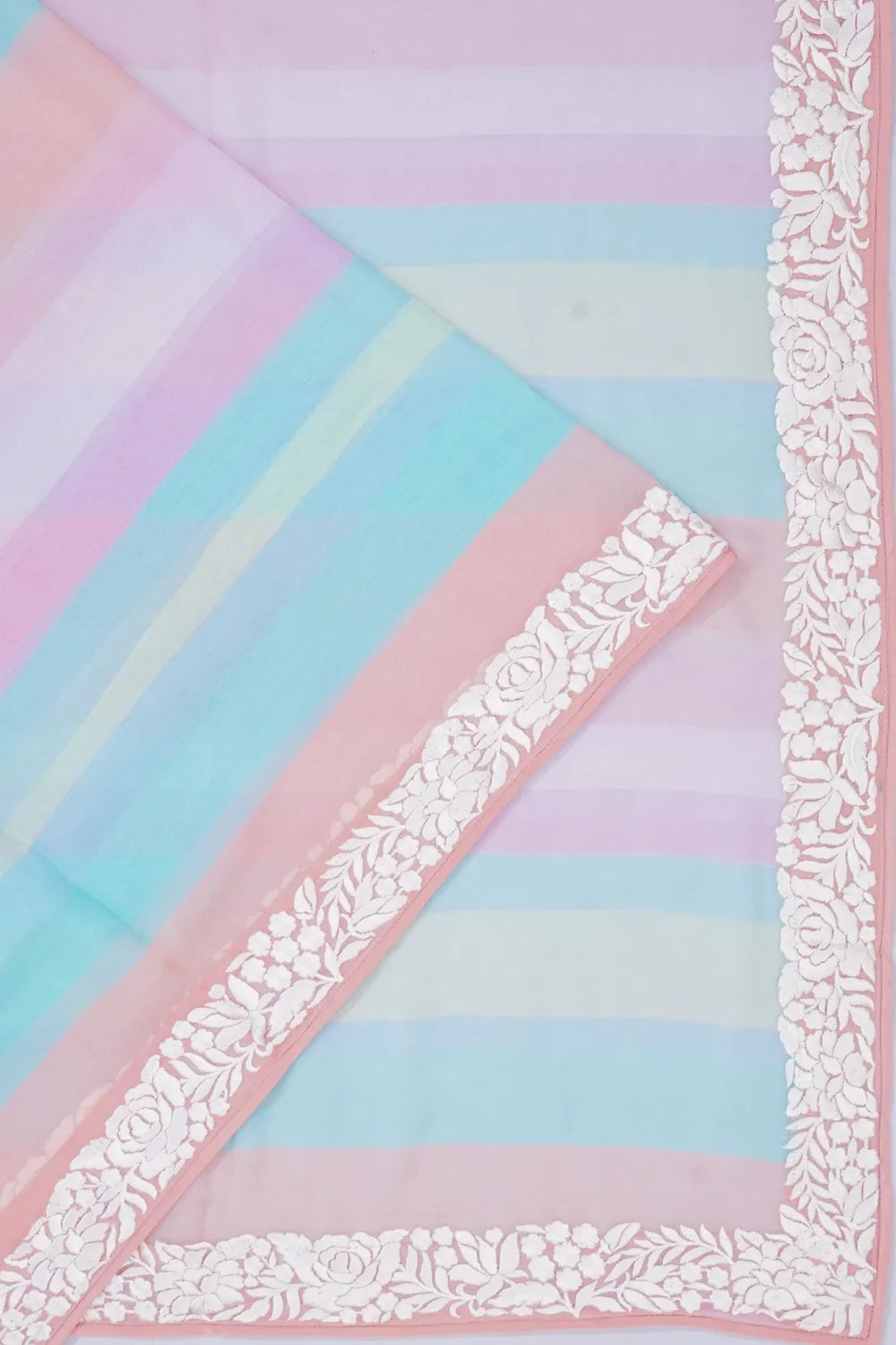 Chiffon Georgette Lines Multicolour Sky Blue Saree With Embroidery Border