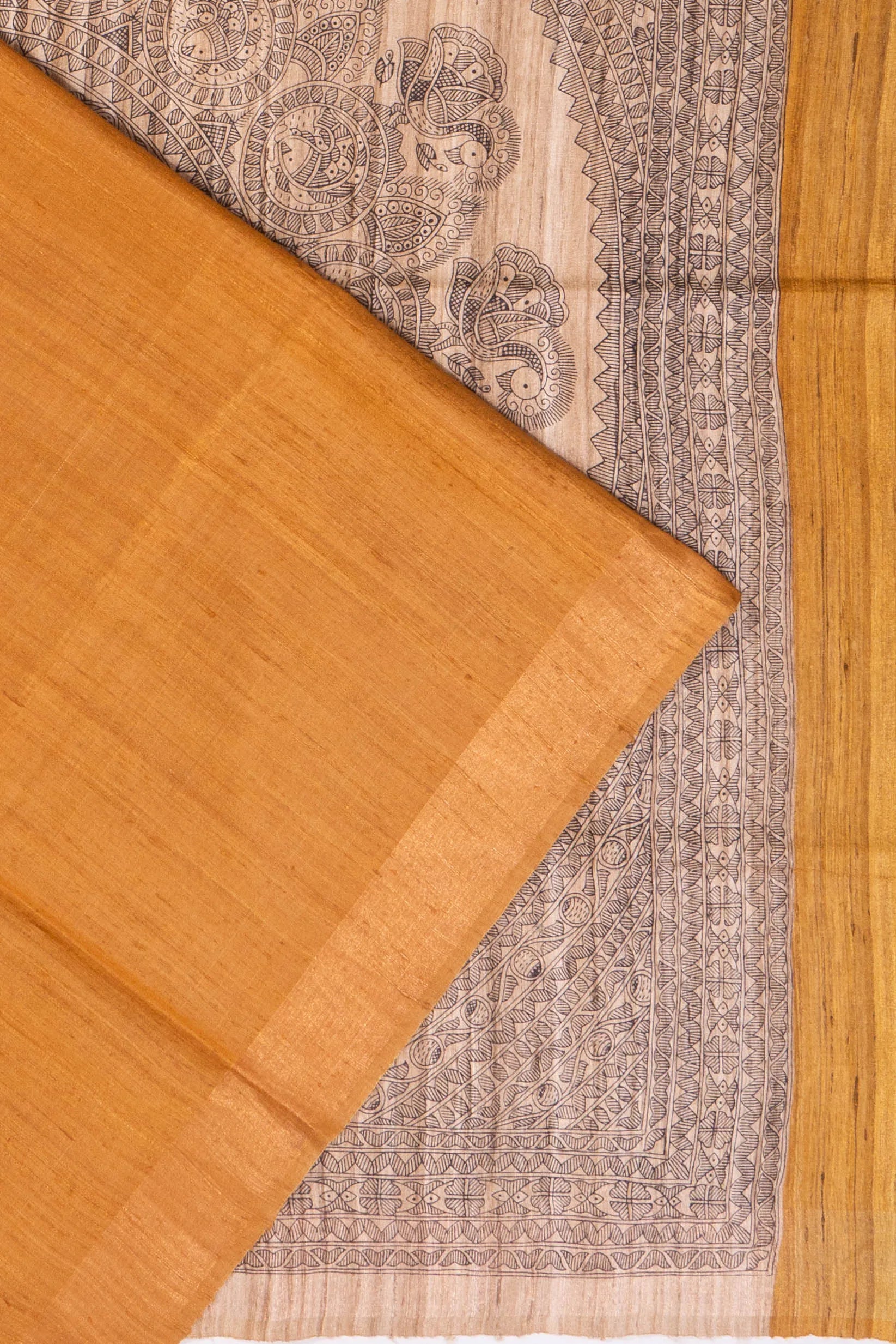 Tussar Plain Yellow Saree With Madhubani Hand Painted Pallu