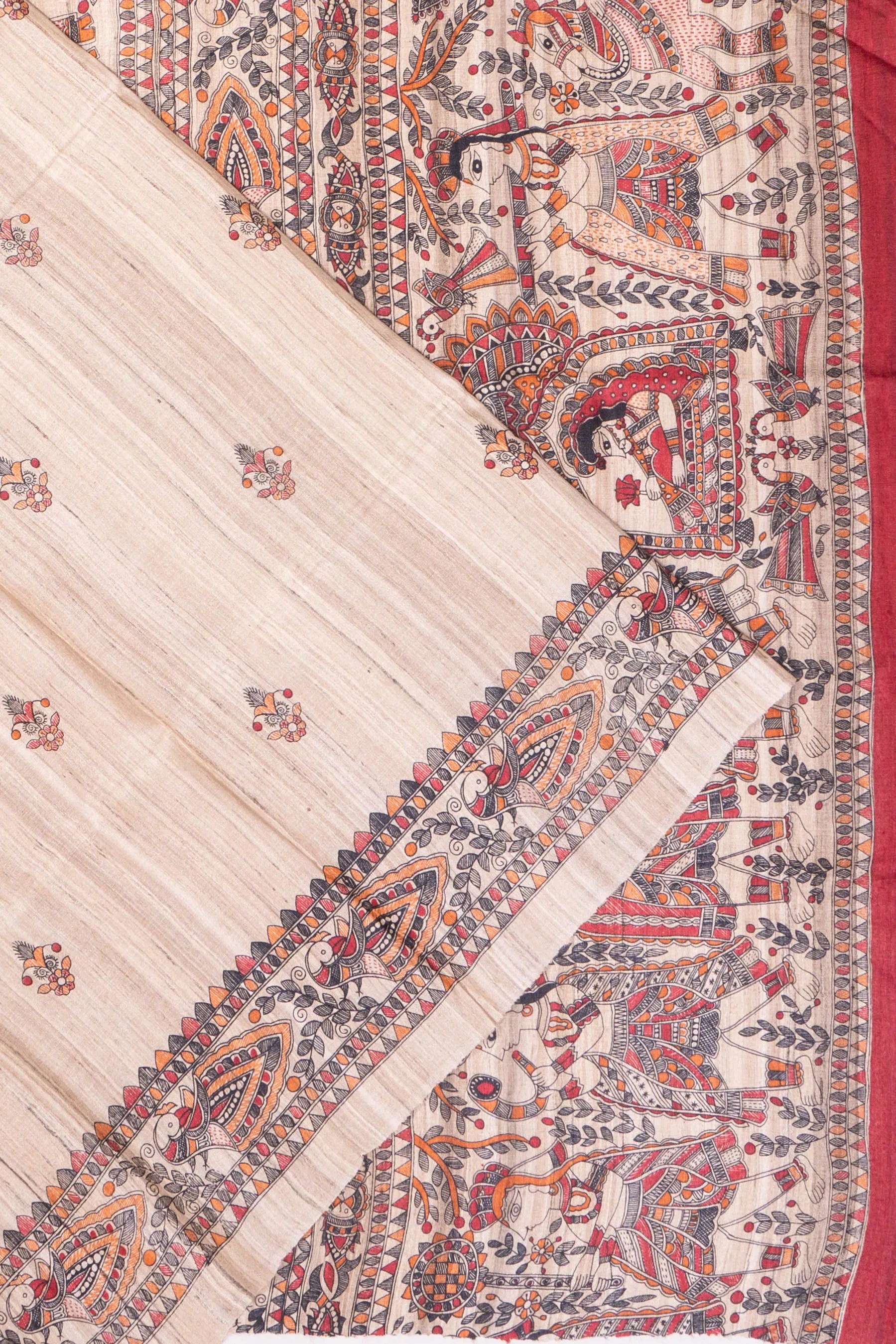 Tussar Madhubani Hand Painted Beige Saree